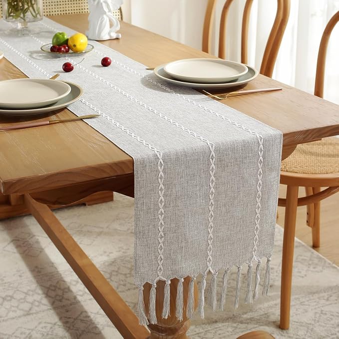 Wracra Rustic Linen Table Runner, Light Grey Table Runners 36 inches Long | - Image 7