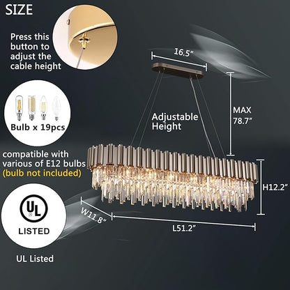 L51.2 Nickel Rectangle Crystal Chandelier for Dining Room Modern Luxury Light Fixture Linear Kitchen Island Contemporary Pendant Ceiling Light Oval Raindrop Chandelier Lighting 19-Light