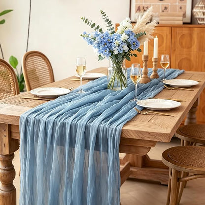 3Pcs Blue Table Runner, 10FT Boho Dust Blue Cheesecloth Table Runners 35*120inch - Image 4