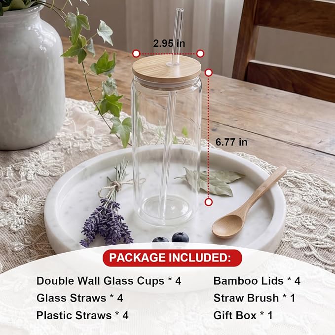 4 Pack Glass Cups with Lids and Straws 16 oz Double Wall Glass Tumbler - Image 3