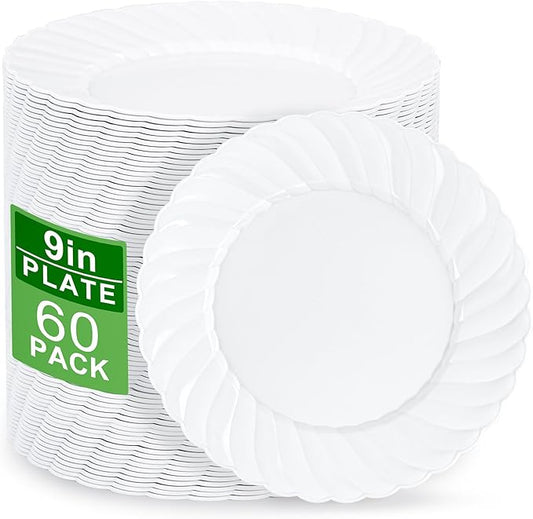 U-QE 60 Pieces White Plastic Plates - 9 Inch White Disposable Plates - Washable & Reusable - Premium Hard Plates - Party Supplies for Birthdays, Celebrations, Travel, Wedding, Party and Events