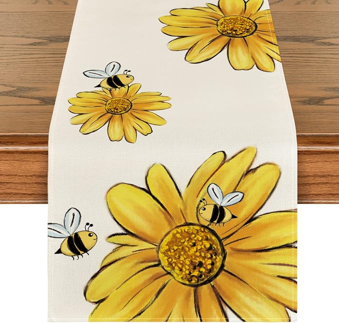 Artoid Mode Beige Bee Sunflower Summer Table Runner, Seasonal Spring Flowers by ArtoidMode