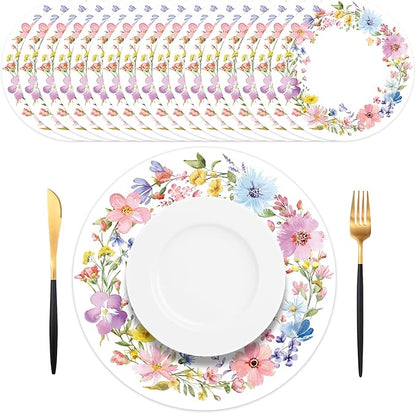 50PCS Floral Placemats Vibrant Watercolor Wildflower Disposable Paper Placemats Round Table Mats for Summer Parties, Weddings & Brunch