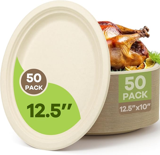 100% Compostable Oval Paper Plates, 12.5Inch 50Pack Disposable Heavy Duty by FEHHTOEco-friendlyLiving