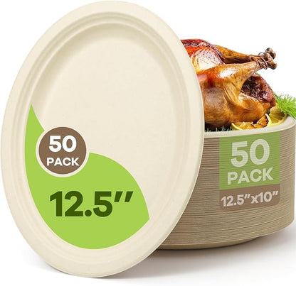 100% Compostable Oval Paper Plates, 12.5Inch 50Pack Disposable Heavy Duty by FEHHTOEco-friendlyLiving