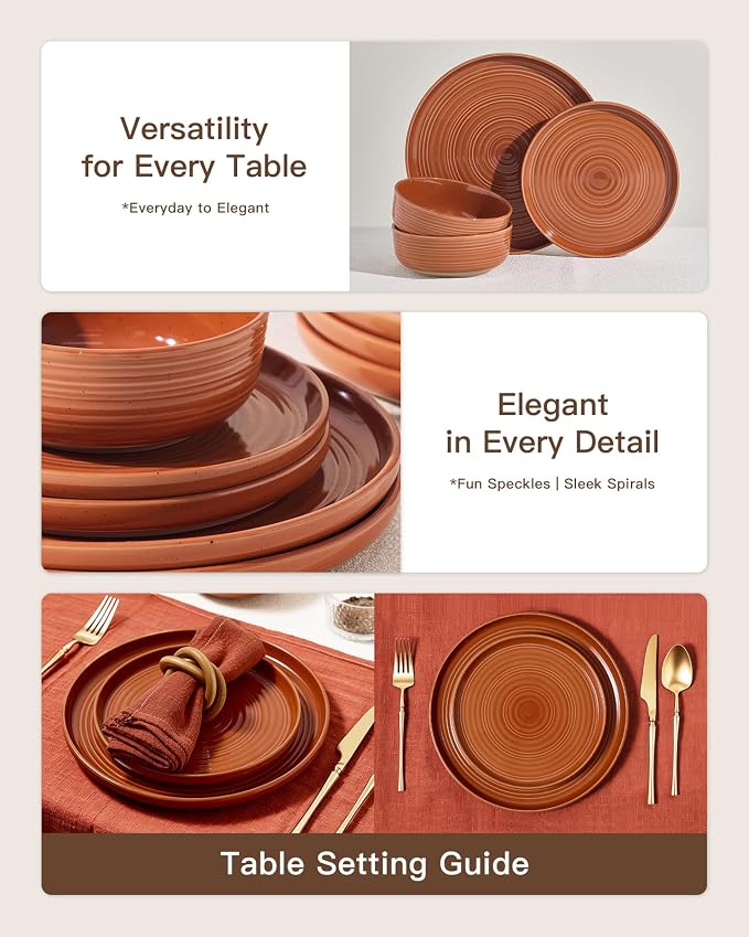 Dinnerware Set for 6, Ceramic Plates and Bowls, Terracotta | 18-Piece Ceramic - Image 3