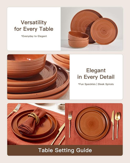 Dinnerware Set for 8, Ceramic Plates and Bowls, Terracotta | 24 pcs Speckled - Image 3