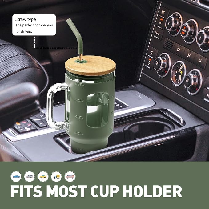 WINSA Glass Tumbler with Straw and Lid, 40 oz, Olive | Iced Coffee Cup with - Image 5