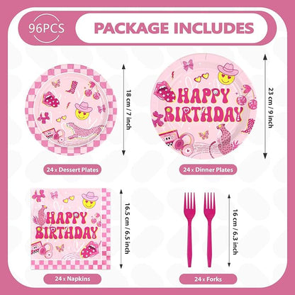 96Pcs Pink Checkered Preppy Birthday Party Supplies Serves 24 | Pink Smiley - Image 5