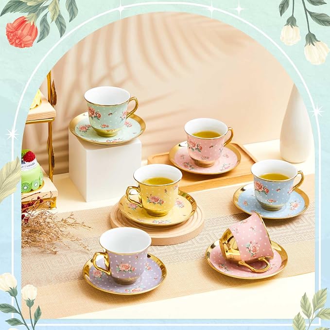 Teenyyou Set of 18 Tea Cups and Saucers Tea Party Decorations Floral Porcelain - Image 4