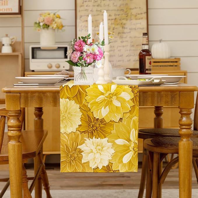 Yellow Dahlia Flower Summer Table Runner Yellow Gray Burlap Table Runners - Image 3