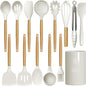 oannao Silicone Cooking Utensils Set - 446°F Heat Resistant Silicone Kitchen Utensils for Cooking,Kitchen Utensil Spatula Set w Wooden Handles and Holder for Non-Stick Cookware (Cream White)