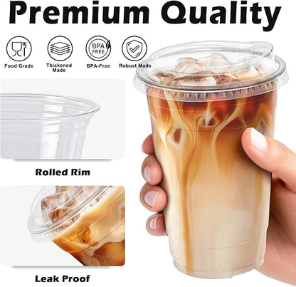 20 oz 100 Pack Clear Plastic Cups with Lids, Sturdy Iced Coffee Cups with Sip Lids, Disposable Food Safe Smoothie Cup for Cold Drinks, Juice, Milkshake