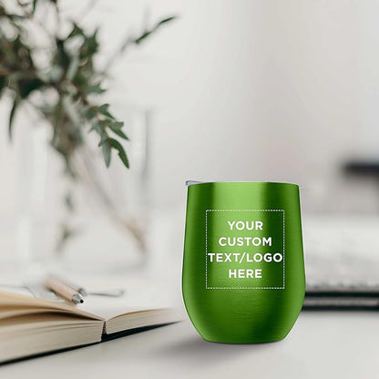 Custom Stemless Wine Glass Tumblers with Lids by Largo 11 oz. Set of 6, Personalized Bulk Pack - Perfect for Wine, Cocktails, Other Hot & Cold Beverages - Lime Green