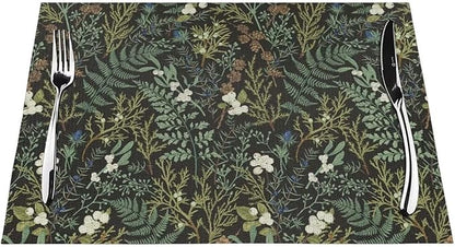 Botanical Print Floral Placemats Set of 4 Black Sage Green Spring Flower Plant Wipeable Table Mats Reusable Washable PVC Rectangle Place Mats for Kitchen Dining Home Decor 12x18 Inches