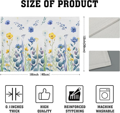 Watercolor Floral Placemats Set of 4 Blue Yellow Poppy Flowers Washable Non-Slip Heat Resistant 12×18 Inch Spring Summer Seasonal Linen Fabric Table Mats for Kitchen Dining Table