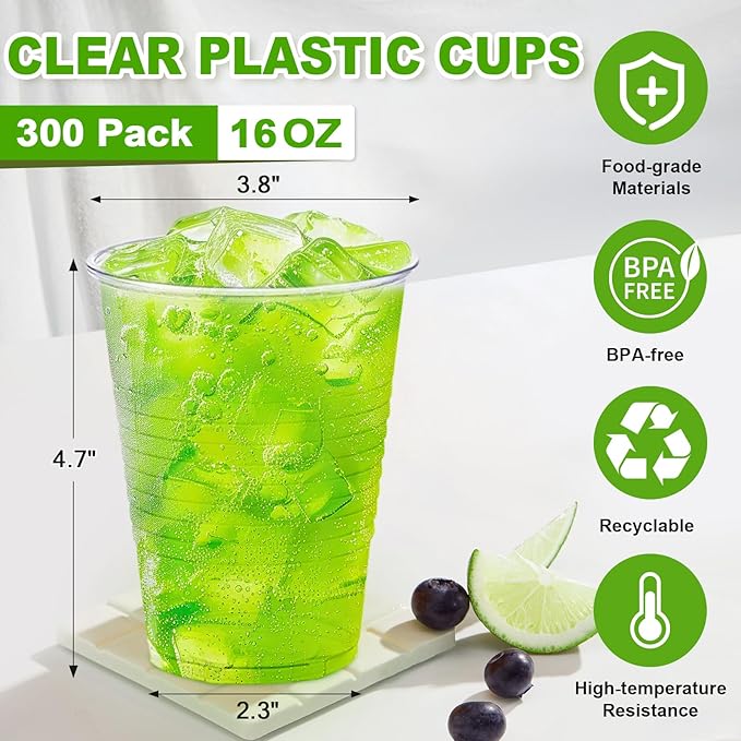 SIUQ 300 Pack 16 oz Clear Plastic Cups, Disposable Water Cups 16 Ounce | - Image 4