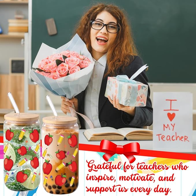 Sliner 2 Pcs Teacher Glass Cups Back to School Gifts Iced Coffee Tumbler - Image 4