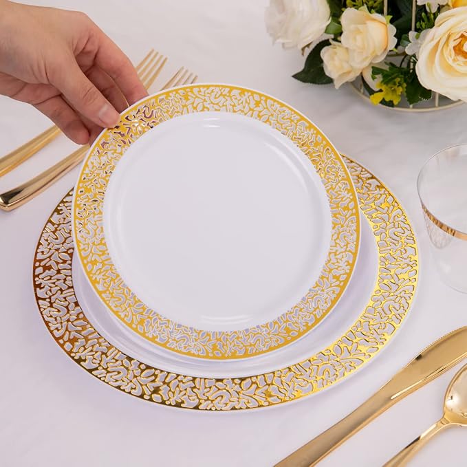 100pcs Gold and White Plates, Heavy Duty Disposable Wedding Plates | elegant - Image 4