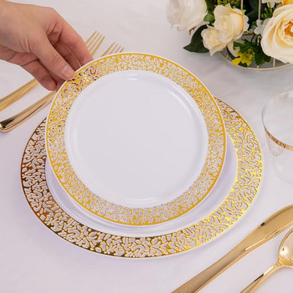 100pcs Gold and White Plates, Heavy Duty Disposable Wedding Plates | elegant - Image 4