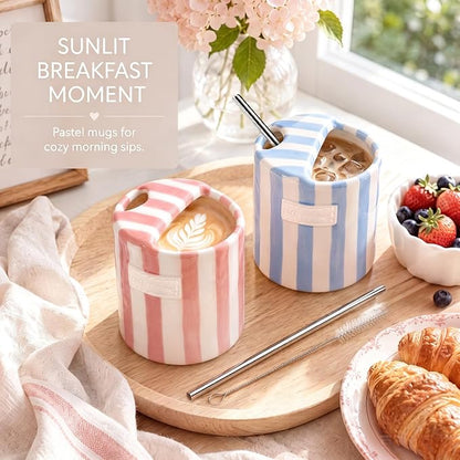 2 Pack Ceramic Coffee Mug with Sip Hole, Light Blue, Retro Hand Painted Striped - Image 3