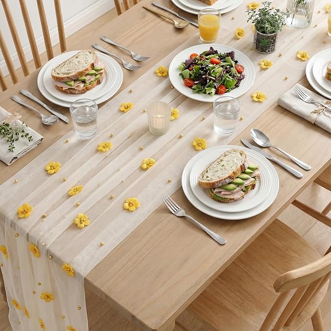Artoid Mode Yellow Flower Pearl White Gauze Table Runner 10FT 6PC, Seasonal - Image 5
