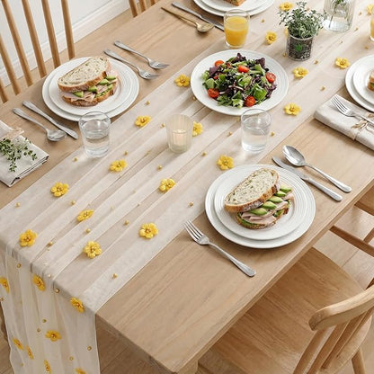 Artoid Mode Yellow Flower Pearl White Gauze Table Runner 10FT 6PC, Seasonal - Image 5