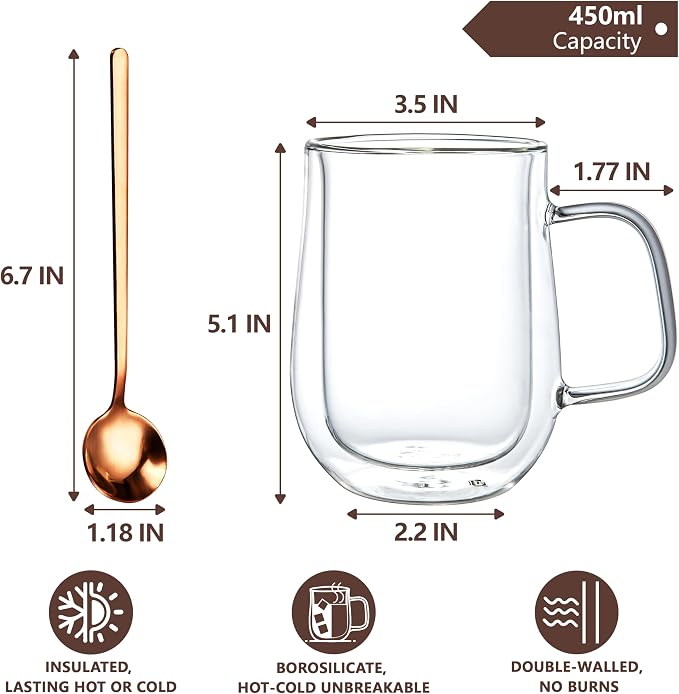 Double Walled Glass Coffee Mugs 16 OZ, Borosilicate Glass Coffee Cups Set of 2 - Image 2