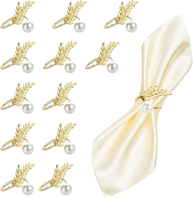 FrutPunch Gold Wheat Ear Pearl Shaped Napkin Rings Set of 12 | Gold Napkin Rings by FrutPunch