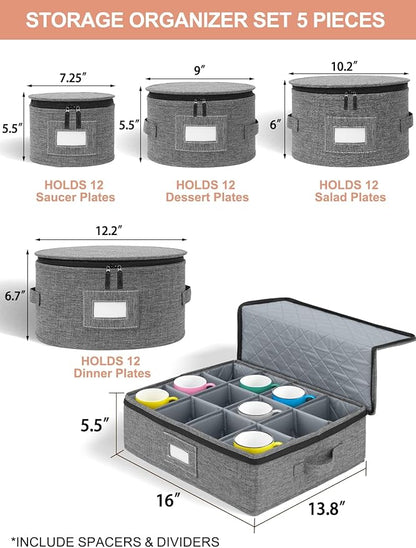 Cirhy China Storage Containers 5-Piece Set - Reinforced Hard-Sided Moving Boxes for Dinnerware, Fine China, Stemware & Mugs - Sturdy Quilted Dish Packing Protectors with Dividers (Service for 12)