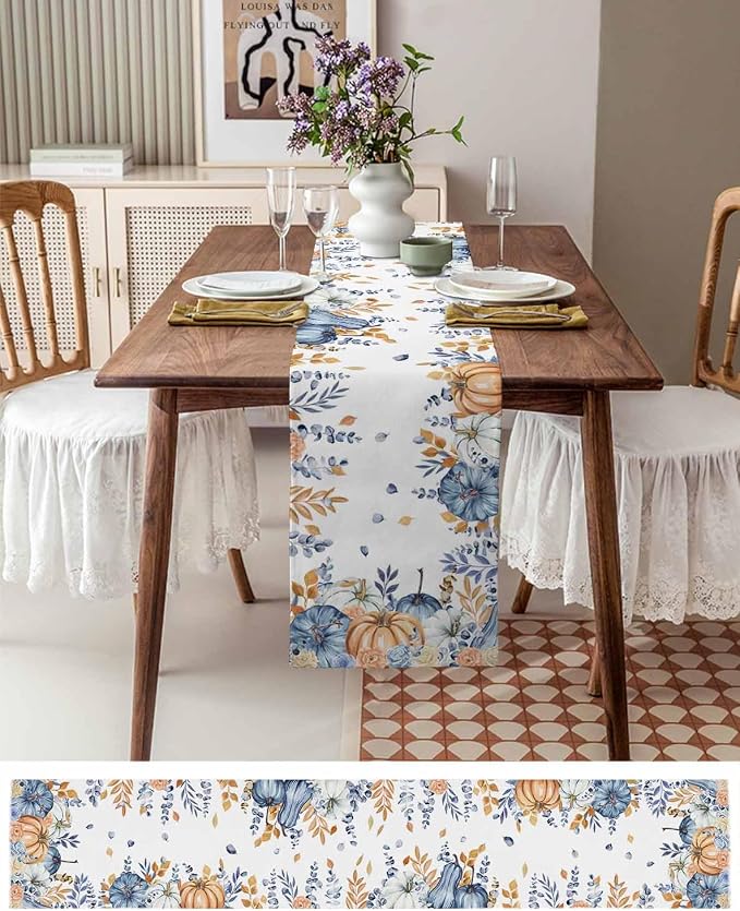 Blue Pumpkin Fall Table Runner 72 Inches Long, Thanksgiving Floral Eucalyptus - Image 4