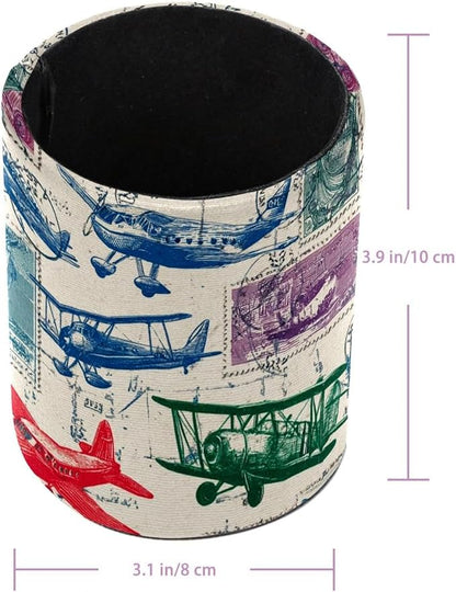 Leather Pen Holder for Desk, Airplane Retro Stamps Pencil Cup Pen Organizer - Image 3