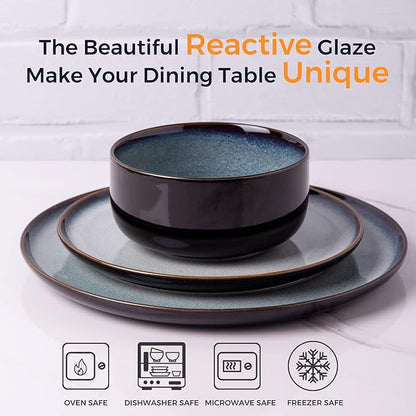 LERATIO Ceramic Plates Set of 6, 8.5 Inch Reactive Glaze Light Weight Porcelain Salad Plates,Modern Shape Dinnerware Dishes Set for Kitchen,Microwave&Dishwasher&Oven Safe,Resistant-Gray Blue