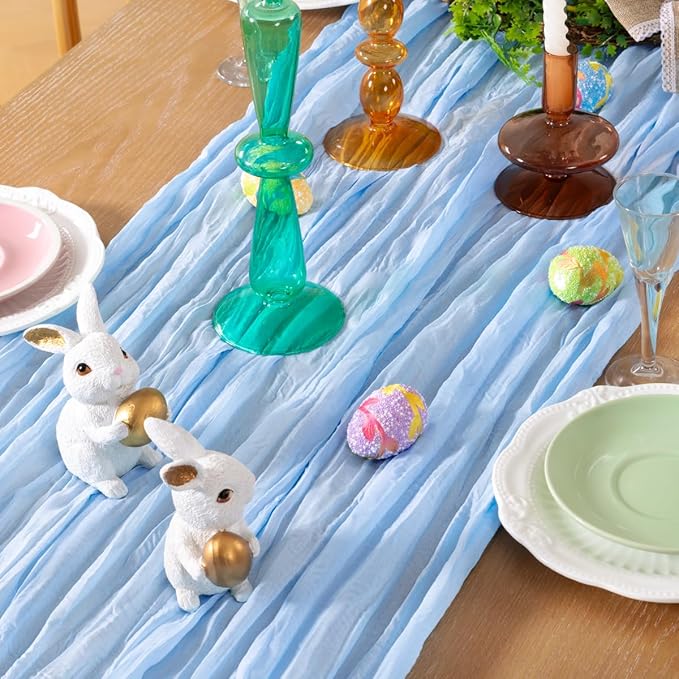 DeZerlor Baby Blue Cheesecloth Table Runners 4 Pack Summer Boho Runners | - Image 2
