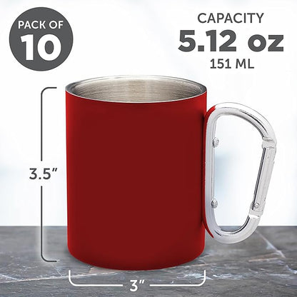 DISCOUNT PROMOS Stainless Steel Mugs with Carabiner Handle 10 oz. Set of 10, Bulk Pack - Perfect for Coffee, Soda, Other Hot & Cold Beverages - Red