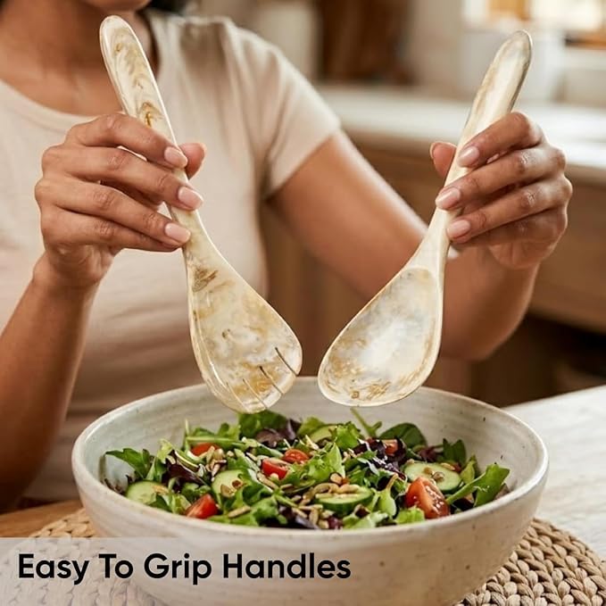 SS CRAFTS INDIA Premium 11" Marbled White & Brown Resin Salad Servers | Set of - Image 2