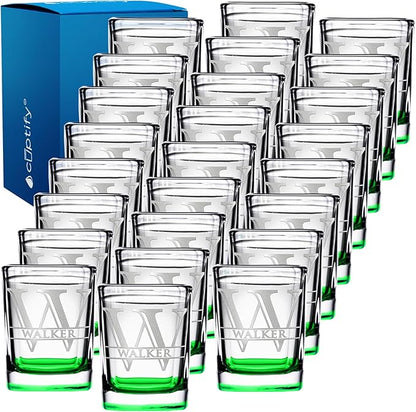 Personalized Square Shot Glasses Set of 25 Green Bottom 2oz Engraved Initial and Name Custom Gifts, Weddings, Birthdays, Party, Event, Decorations