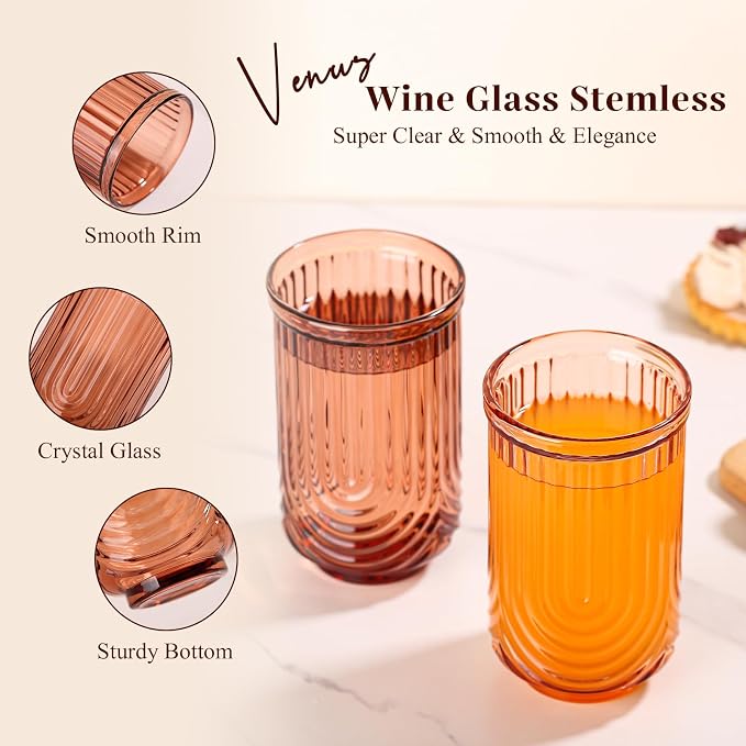 Venus Vintage Drinking Glasses Set of 6-17oz Hand-Blown Highball Ribbed - Image 4