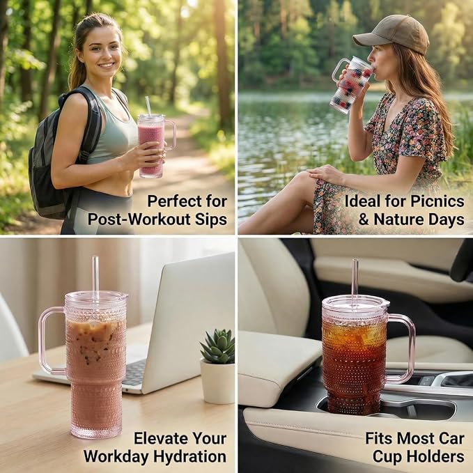 20 oz Pink Glass Tumbler with Lid and Straw, Glass Iced Coffee Cups, - Image 5