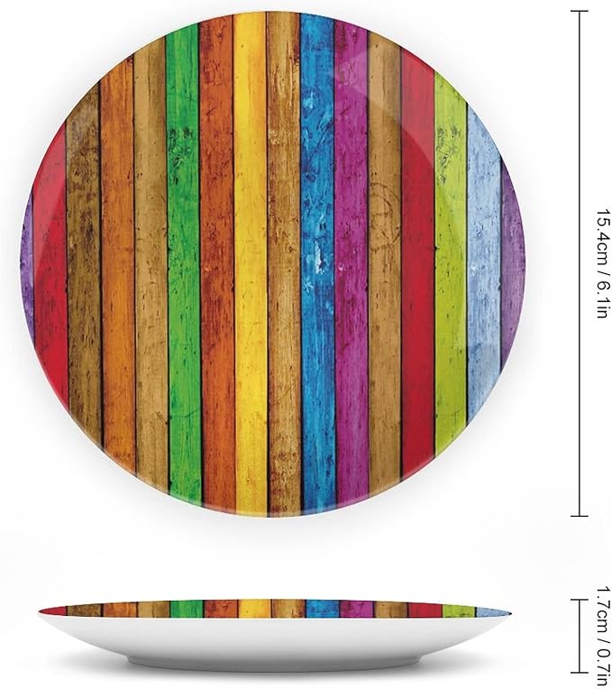Ceramic Display Plate, Abstract Ceramic Hanging Decorative Plate, Vibrant Wooden Artistic Cheerful Art Rainbow Image, 6 Inch, Household Custom Ceramic Plate, Multicolor