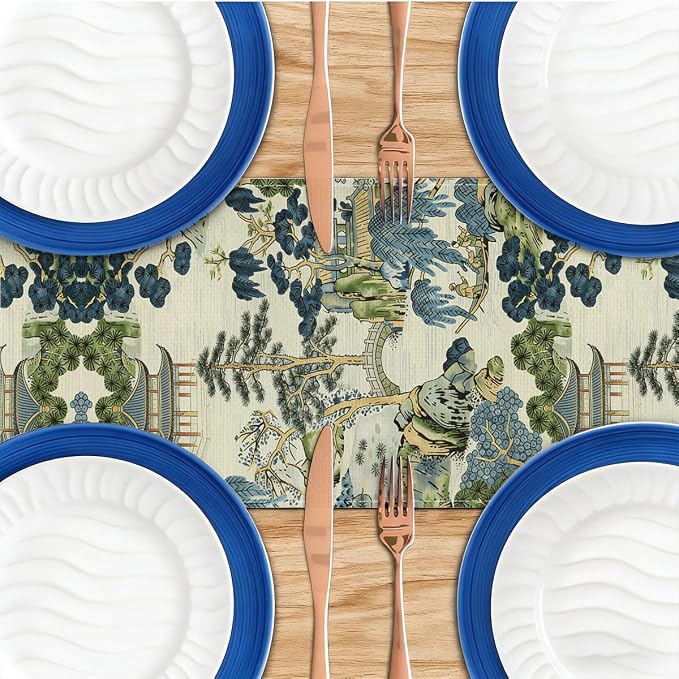 Chinoiserie Vintage Style Mountain Fall Table Runner, Japanese Table Runner | - Image 4