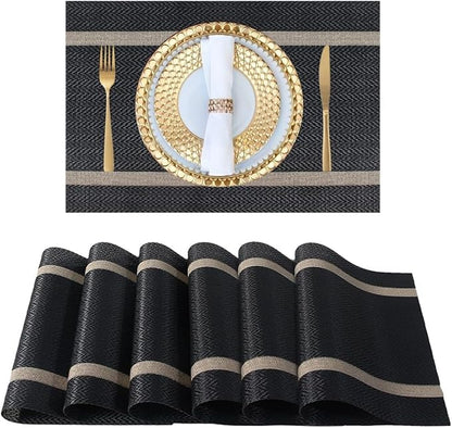 FAVE Placemats Set of 12 Black Placemats Woven with Golden Thread Heat Resistant 12 Vinly Place Mats for Wedding, Banquet, Birthday, Party, Restaurant (Black, 12"x18"-12PCS)