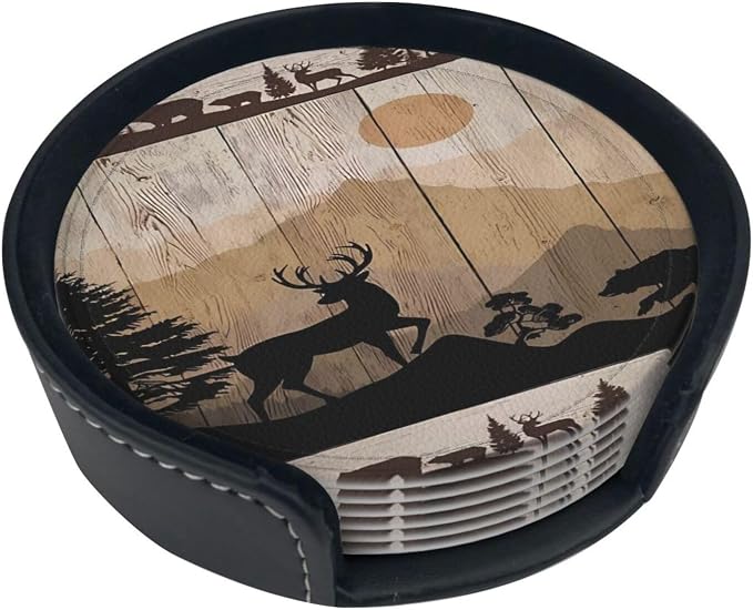 6 Pcs Rustic Wildlife Bear Deer Moose Vintage Wooden Plank Leather Coasters - Image 2