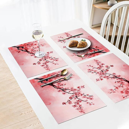 Japanese Cherry Blossom Placemats Set of 6, Pink Sakura Floral Place Mats, Flower Waterproof Washable Table Mats for Home Party Indoor Kitchen Dining Table Decoration 12x18 Inch