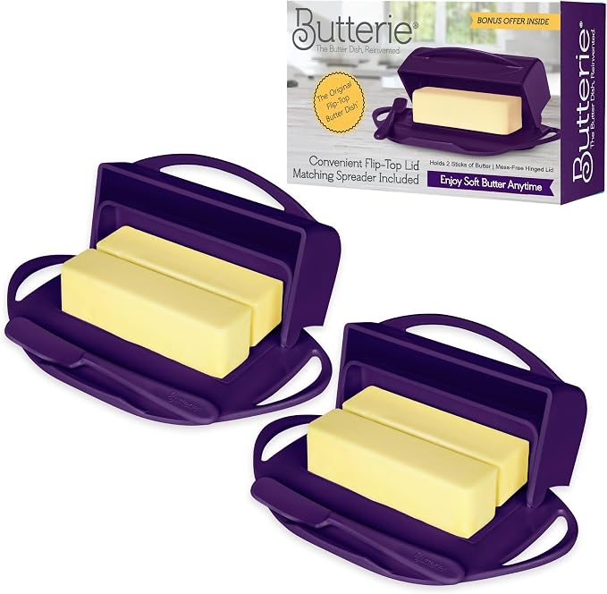 Flip Top Butter Dish with Attached Lid & Matching Knife, 2 Pack by Butterie