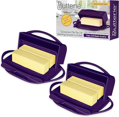 Flip Top Butter Dish with Attached Lid & Matching Knife, 2 Pack by Butterie