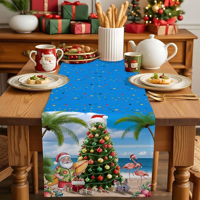 Coastal Christmas Table Runner 120 Inches Long, Xmas Tree Santa Beach Table - Image 5