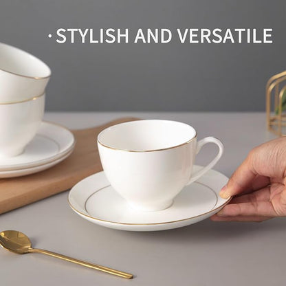 Bone China Tea Cups and Saucers Set – White Luxury Fine Porcelain Mugs - Image 4