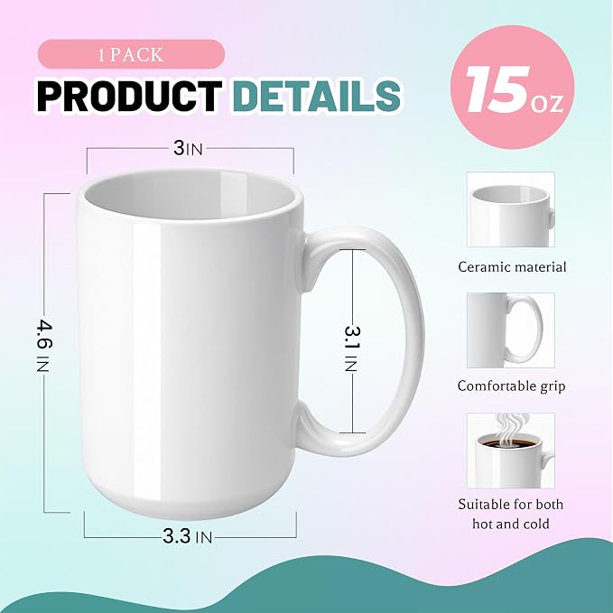 Joyclub 1 Set Sublimation Mugs Blank 15 oz Coffee Mugs Bulk White Ceramic Cups - Image 3