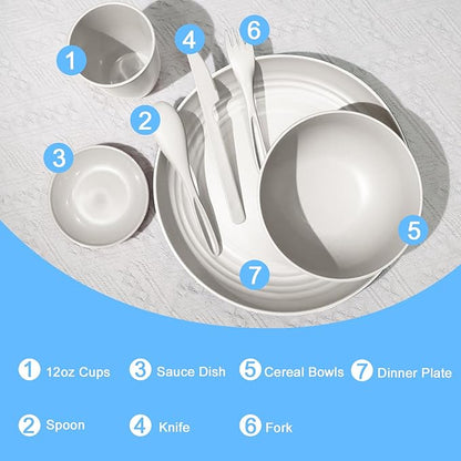 Wrova Wheat straw dinnerware sets - 28 Pieces dish sets service for 4 - Lightweight and Unbreakable Plates and Bowls Sets for Travelling and Camping.White